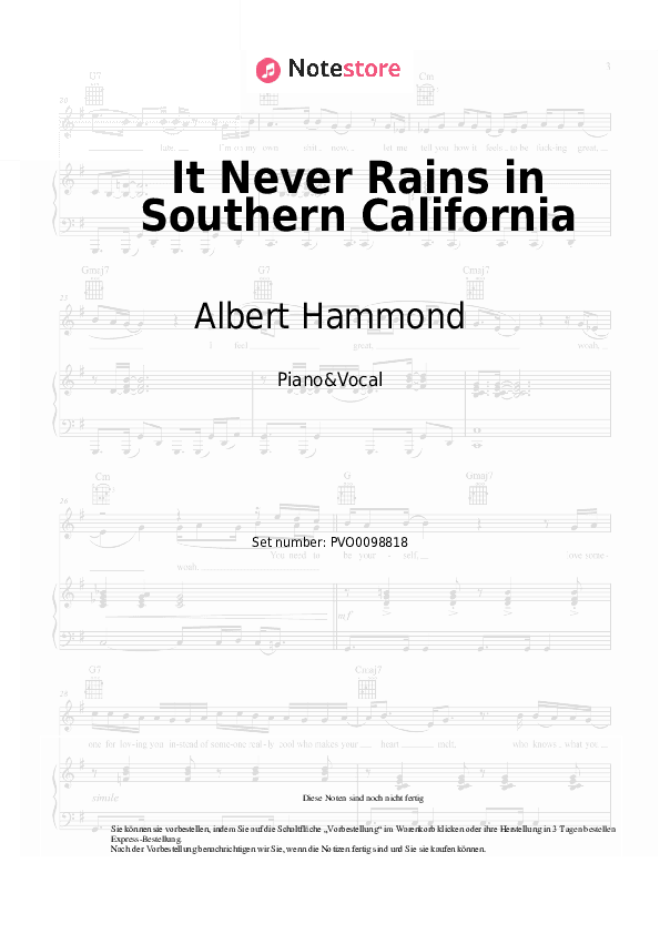 Noten mit Gesang Albert Hammond - It Never Rains in Southern California - Klavier&Gesang