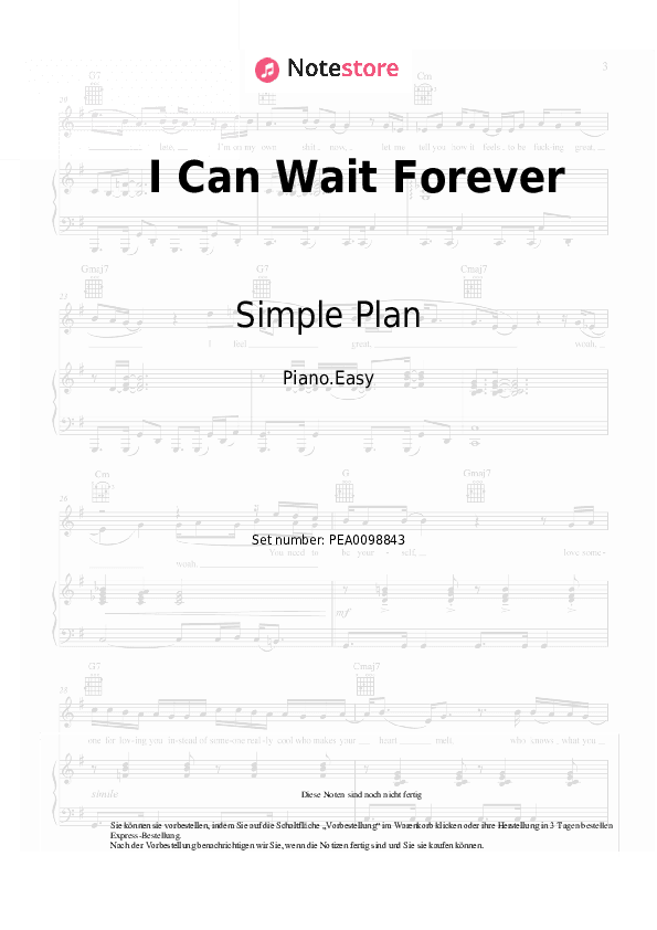 Einfache Noten Simple Plan - I Can Wait Forever - Klavier.Einfach