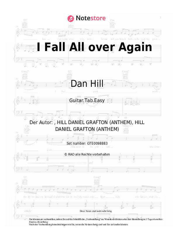Einfache Tabs Dan Hill - I Fall All over Again - Gitarre.Tabs.Easy