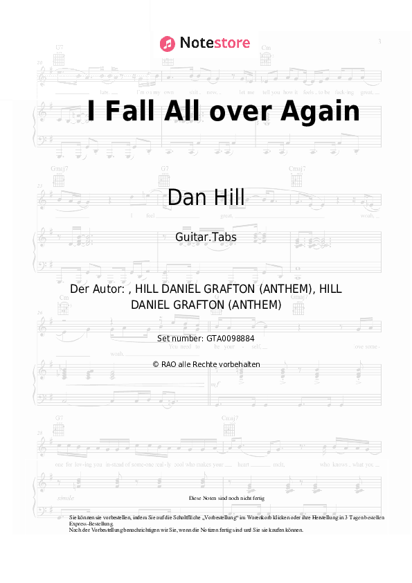 Tabs Dan Hill - I Fall All over Again - Gitarre.Tabs