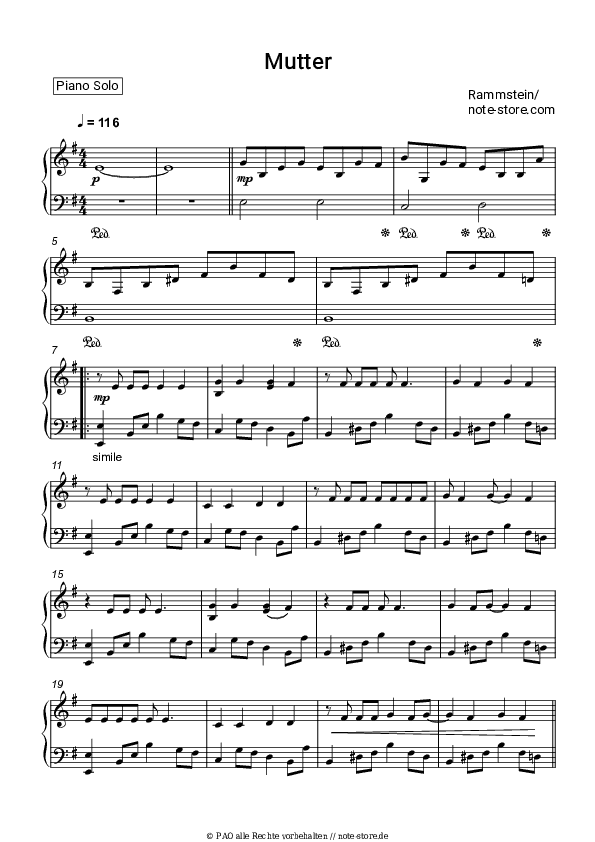 Noten Rammstein - Mutter - Klavier.Solo