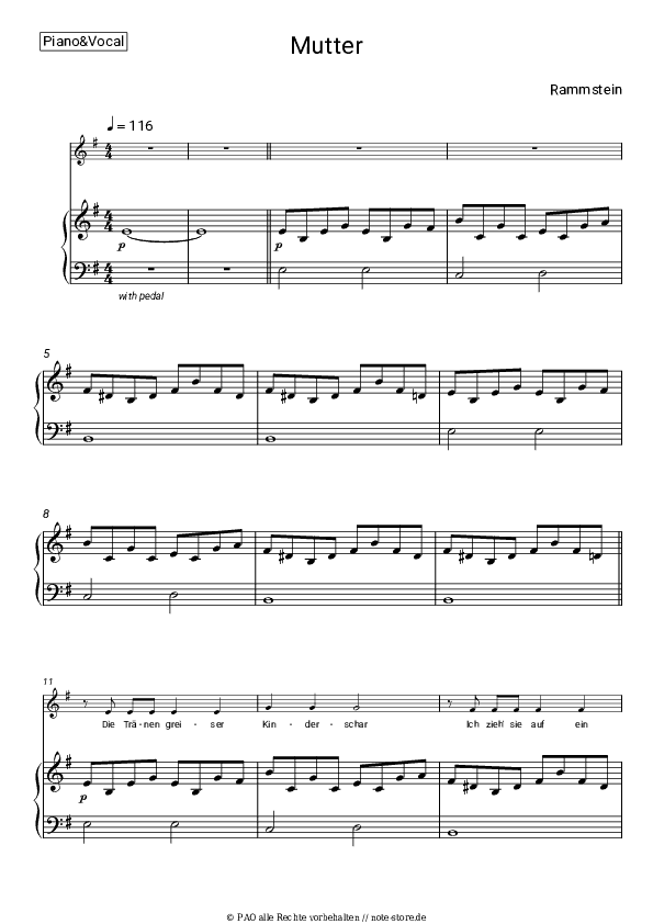 Noten mit Gesang Rammstein - Mutter - Klavier&Gesang