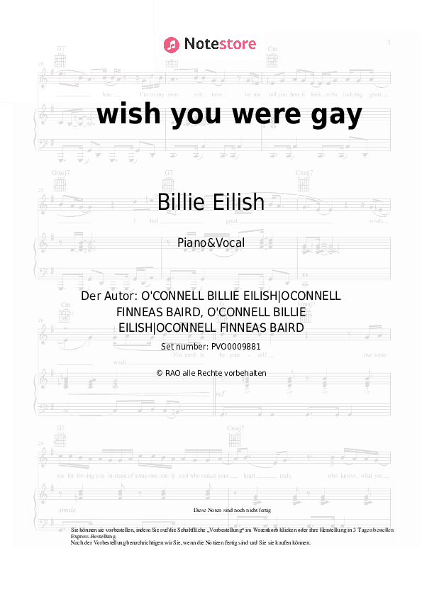 Noten mit Gesang Billie Eilish - wish you were gay - Klavier&Gesang