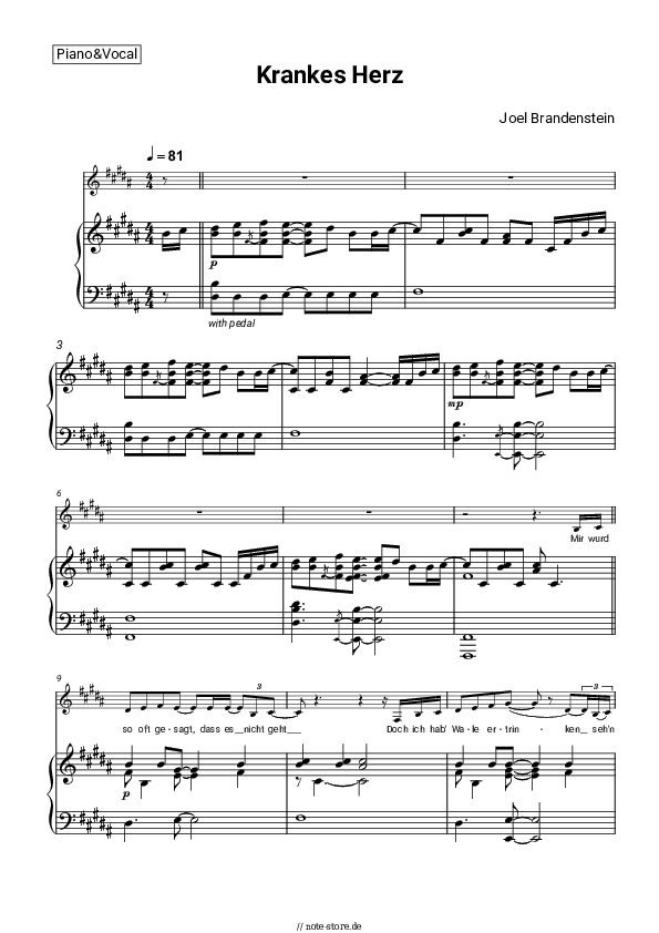Noten mit Gesang Joel Brandenstein - Krankes Herz - Klavier&Gesang