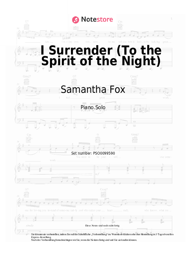 Noten Samantha Fox - I Surrender (To the Spirit of the Night) - Klavier.Solo