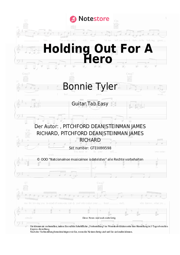 Einfache Tabs Bonnie Tyler - Holding Out For A Hero - Gitarre.Tabs.Easy