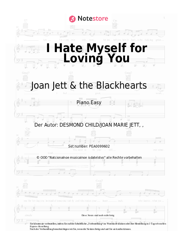 Einfache Noten Joan Jett & the Blackhearts - I Hate Myself for Loving You - Klavier.Einfach