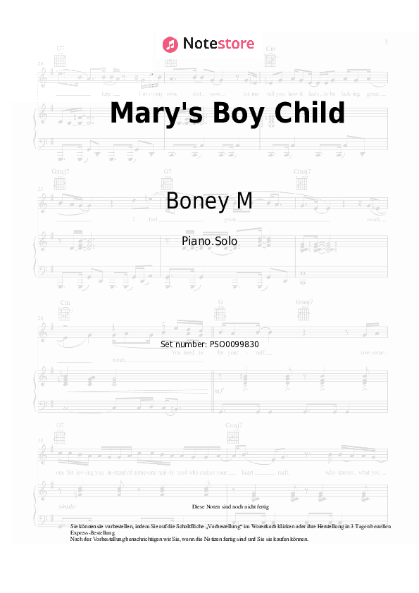 Noten Boney M - Mary's Boy Child - Klavier.Solo