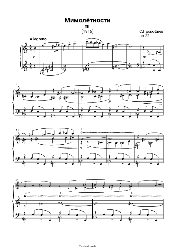 Noten Sergei Prokofiev - Visions fugitives op. 22 No.13 Allegretto - Klavier.Solo