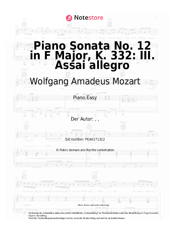 Einfache Noten Wolfgang Amadeus Mozart - Piano Sonata No. 12 in F Major, K. 332: III. Assai allegro - Klavier.Einfach