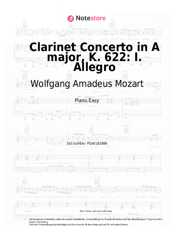 Einfache Noten Wolfgang Amadeus Mozart - Clarinet Concerto in A major, K. 622: I. Allegro - Klavier.Einfach