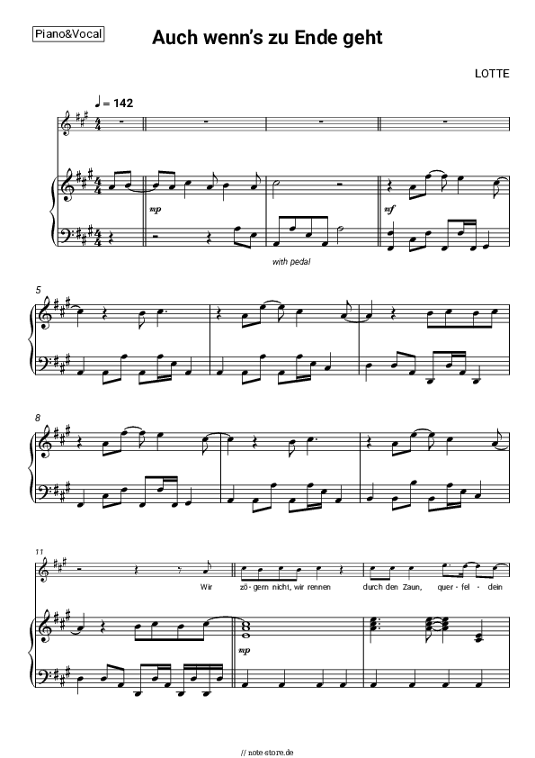 Noten mit Gesang LOTTE - Auch wenn’s zu Ende geht - Klavier&Gesang