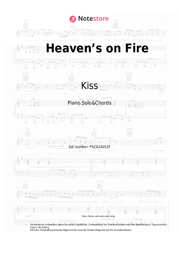 Noten und Akkorde Kiss - Heavenâs on Fire - Klavier.Solo&Akkorde
