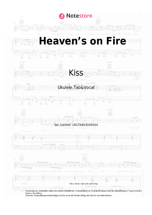 Noten Kiss - Heaven’s on Fire - Ukulele.Tabs&Gesang