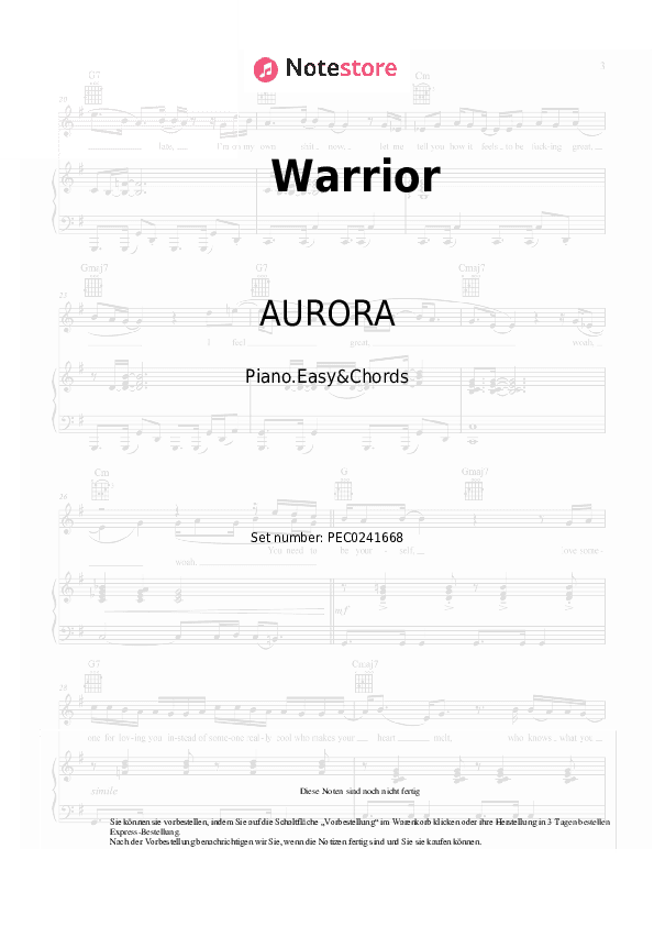 Einfache Noten und Akkorde AURORA - Warrior - Klavier.Einfach&Akkorde