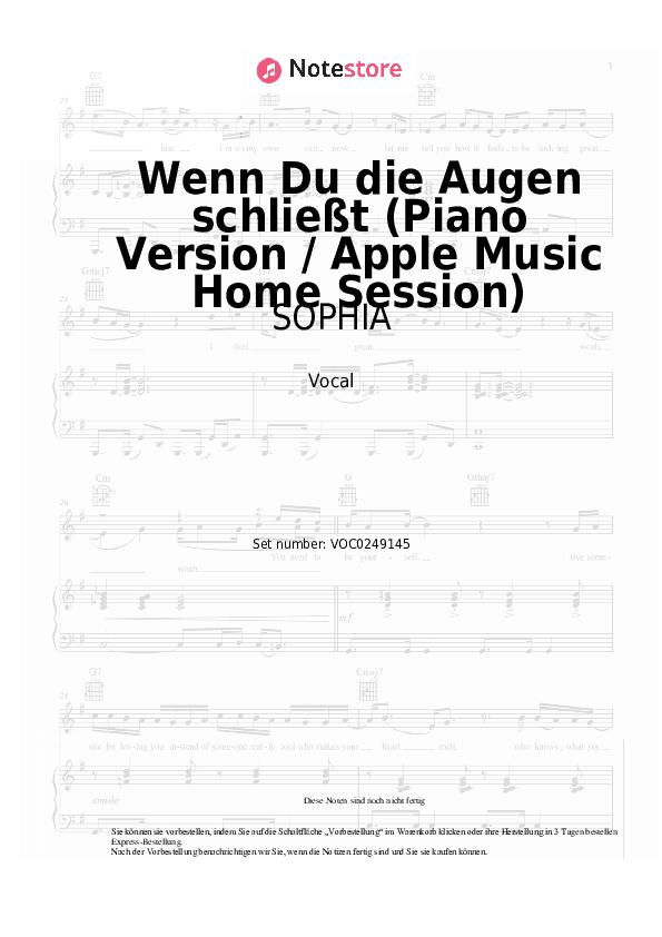 Noten SOPHIA - Wenn Du die Augen schließt (Piano Version / Apple Music Home Session) - Gesang