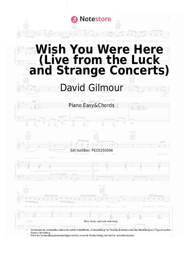 Einfache Noten und Akkorde David Gilmour - Wish You Were Here (Live from the Luck and Strange Concerts) - Klavier.Einfach&Akkorde