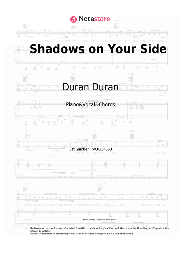 Noten und Akkorde Duran Duran - Shadows on Your Side - Klavier&Gesang&Akkorde
