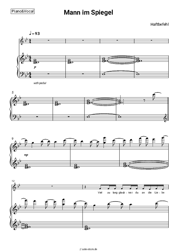 Noten mit Gesang Haftbefehl - Mann im Spiegel - Klavier&Gesang