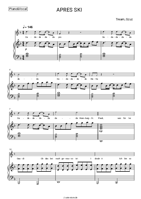 Noten mit Gesang Tream, Gzuz - APRES SKI - Klavier&Gesang