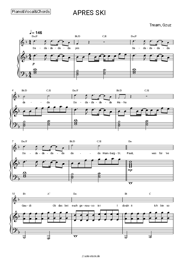 Noten und Akkorde Tream, Gzuz - APRES SKI - Klavier&Gesang&Akkorde