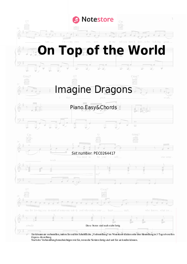 Einfache Noten und Akkorde Imagine Dragons - On Top of the World - Klavier.Einfach&Akkorde