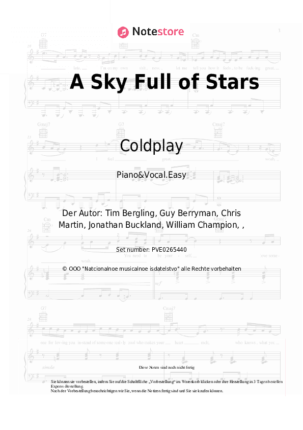 Einfache Noten Coldplay - A Sky Full of Stars - Klavier&Gesang.Einfach