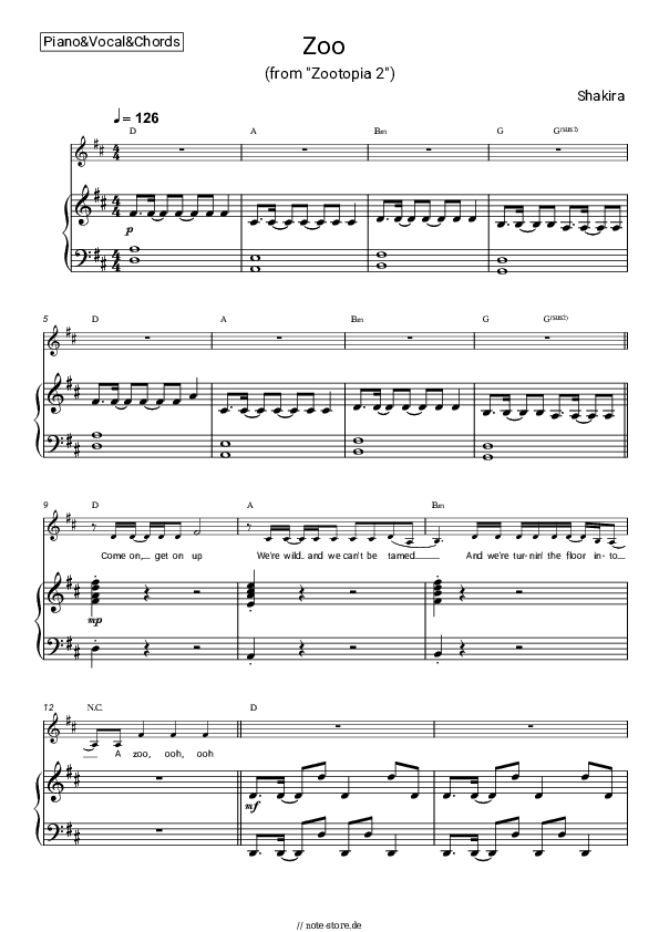 Noten und Akkorde Shakira - Zoo (From 'Zootopia 2') - Klavier&Gesang&Akkorde