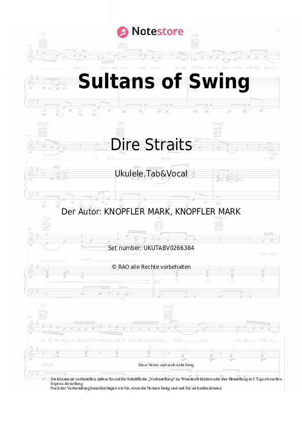 Noten Dire Straits - Sultans of Swing - Ukulele.Tabs&Gesang