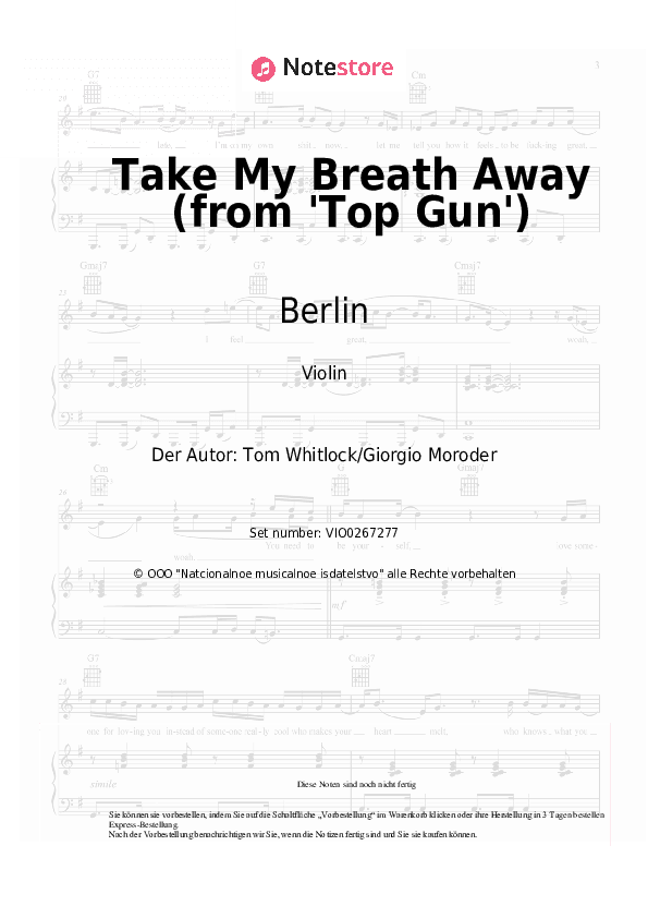 Noten Berlin - Take My Breath Away (from 'Top Gun') - Violine