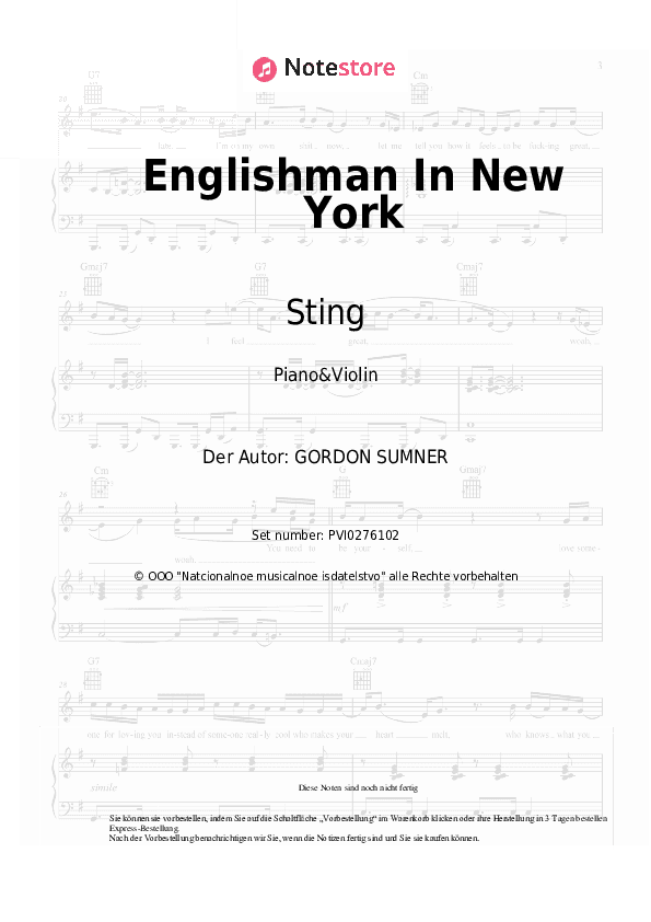 Noten Sting - Englishman In New York - Klavier&Geige