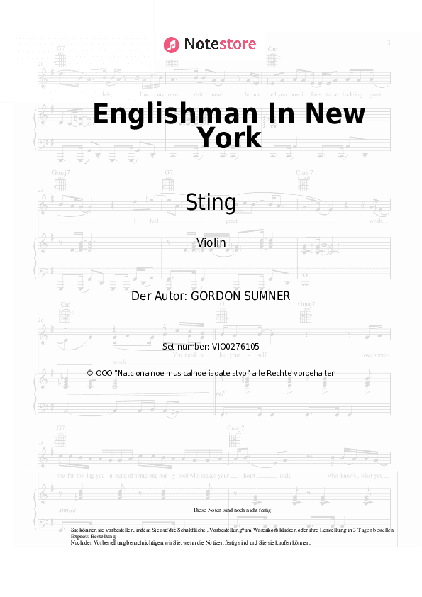 Noten Sting - Englishman In New York - Violine