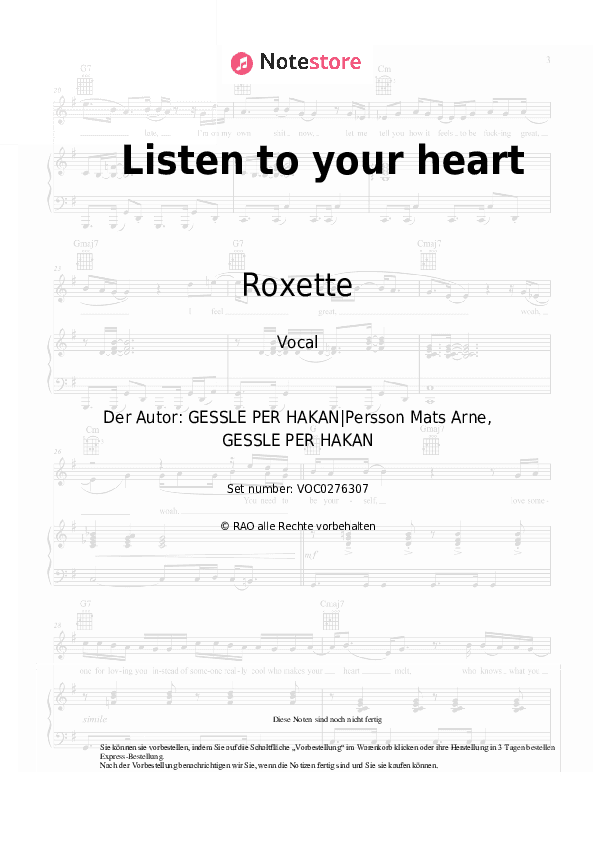 Noten Roxette - Listen to your heart - Gesang