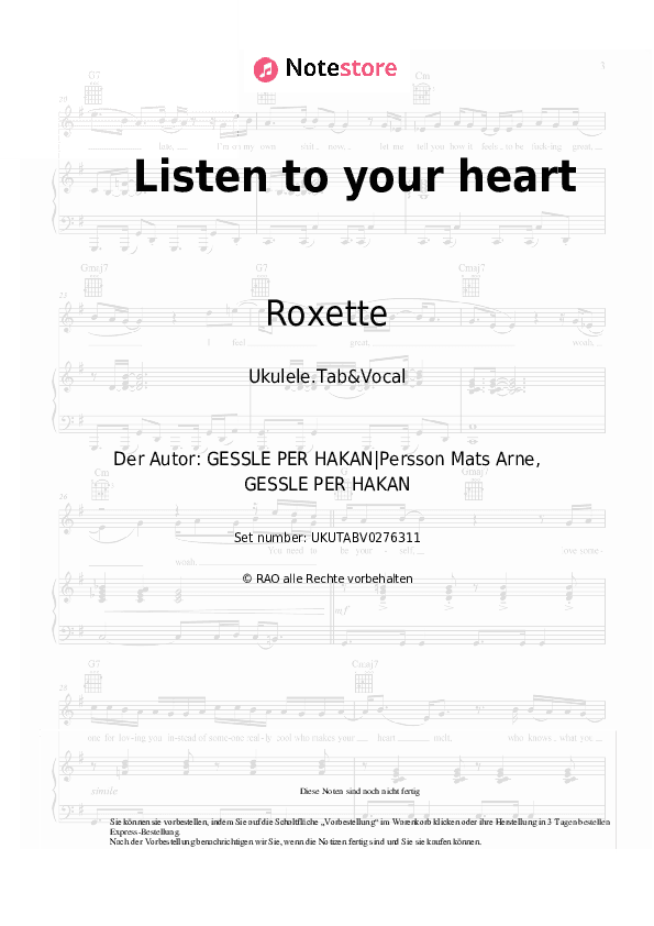Noten Roxette - Listen to your heart - Ukulele.Tabs&Gesang