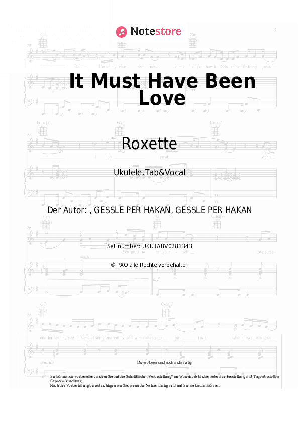Noten Roxette - It Must Have Been Love - Ukulele.Tabs&Gesang