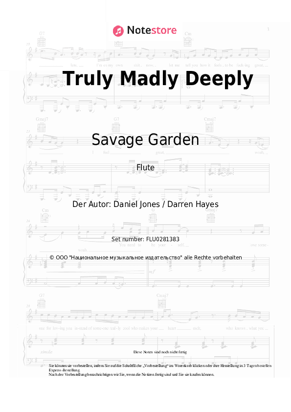 Noten Savage Garden - Truly Madly Deeply - Flöte