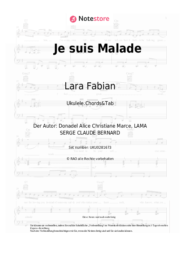 Noten Lara Fabian - Je suis Malade - Ukulele.Akkorde&Tabs