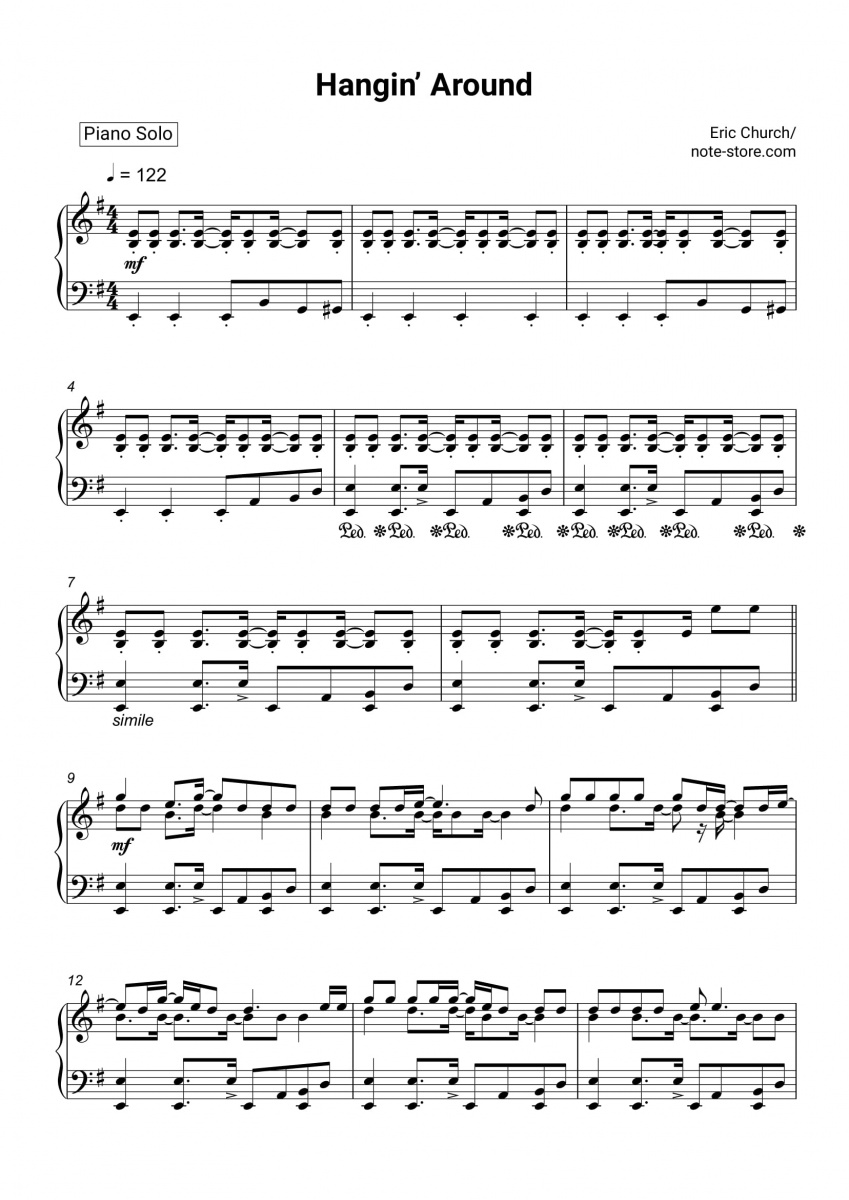 Eric Church - Hangin’ Around Noten für Piano