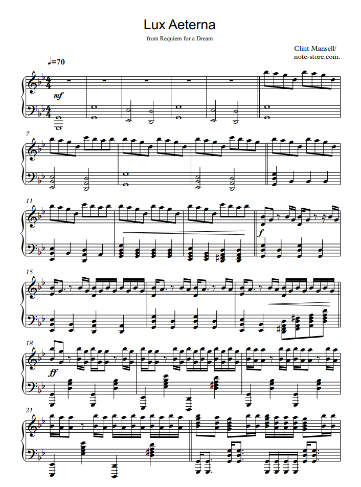 Clint Mansell - Winter: Lux Aeterna (Requiem for a Dream) Noten für Piano