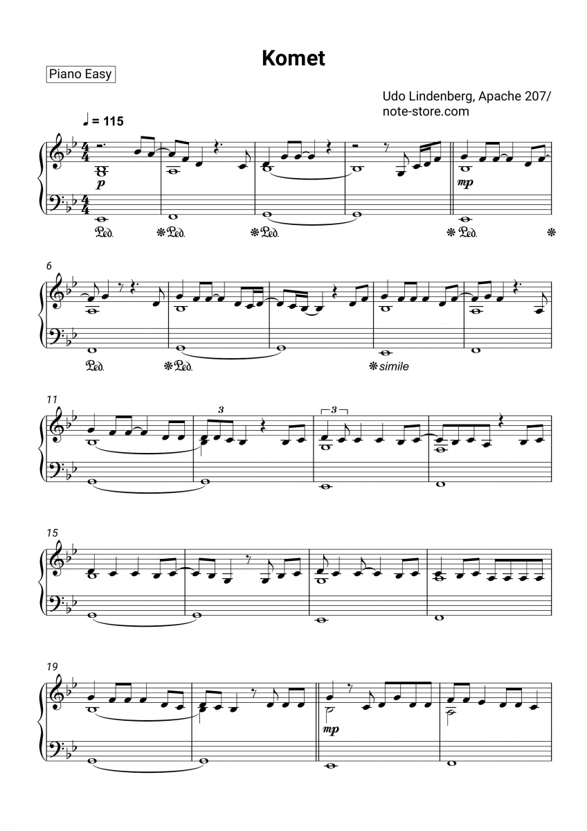 Udo Lindenberg, Apache 207 - Komet Noten für Piano downloaden für