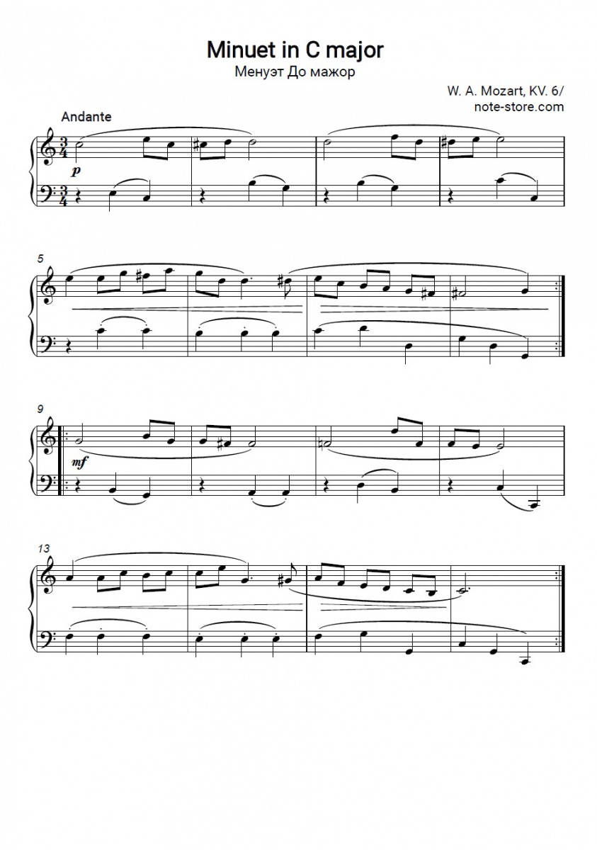 Wolfgang Amadeus Mozart - Minuet in C Major, K.6 Noten für Piano