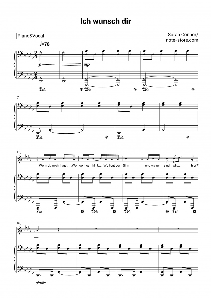Sarah Connor - Ich wunsch dir Noten für Piano downloaden für Anfänger