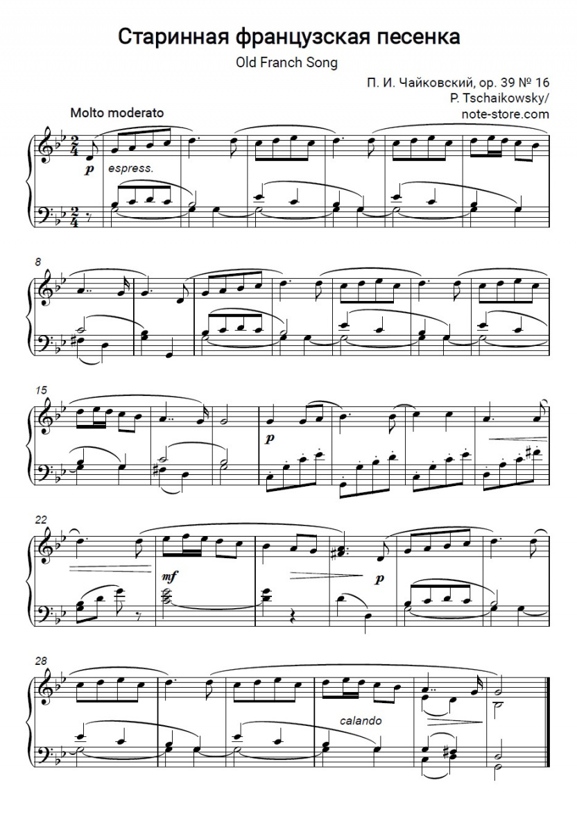 Pyotr Ilyich Tchaikovsky - Old French Song (from Children's Album) Noten für Piano