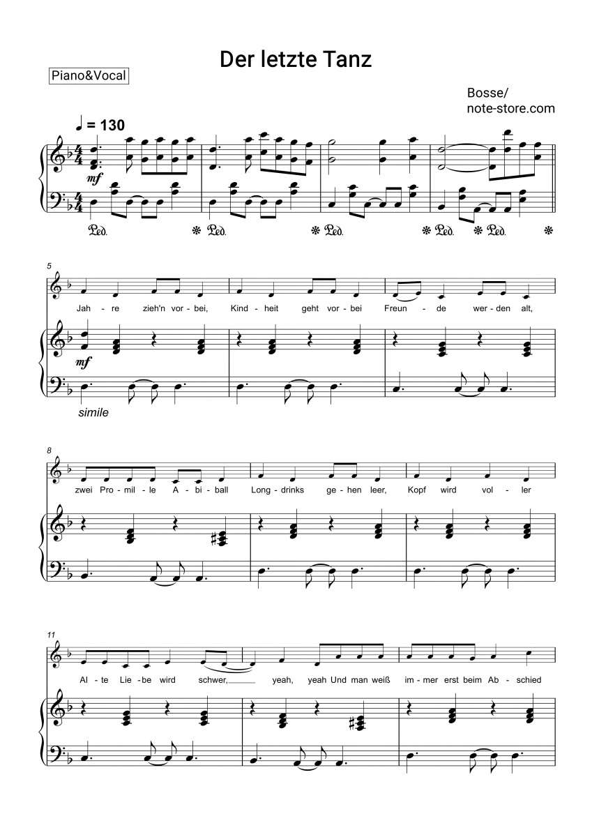 Letzter Tanz Eines Festes 7 Buchstaben Bosse - Der letzte Tanz Noten für Piano downloaden für Anfänger Klavier