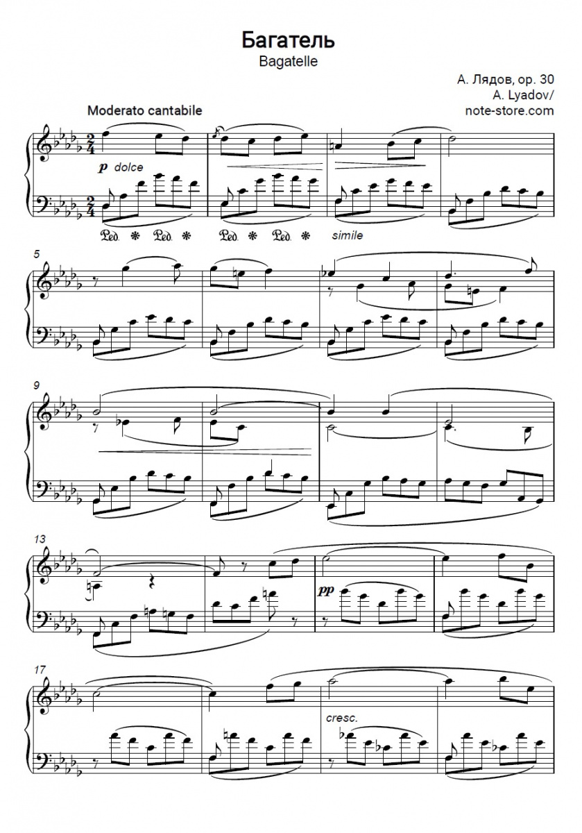 Anatoly Lyadov - Bagatelle op. 30 Noten für Piano