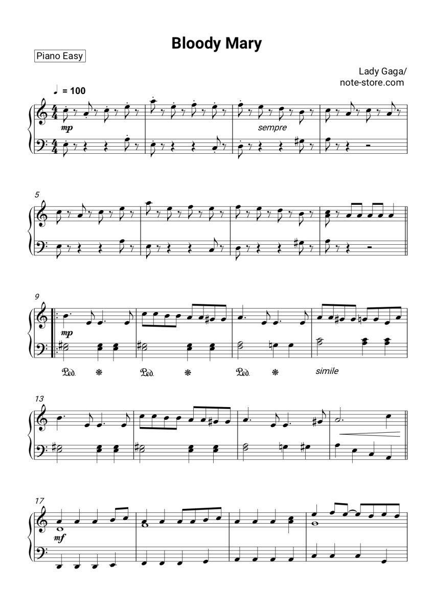 Lady Gaga Bloody Mary Noten für Piano downloaden für Anfänger Klavier