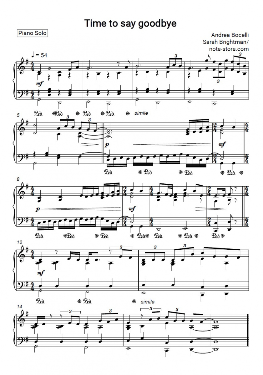 Sarah Brightman, Andrea Bocelli - Time to Say Goodbye Noten für Piano