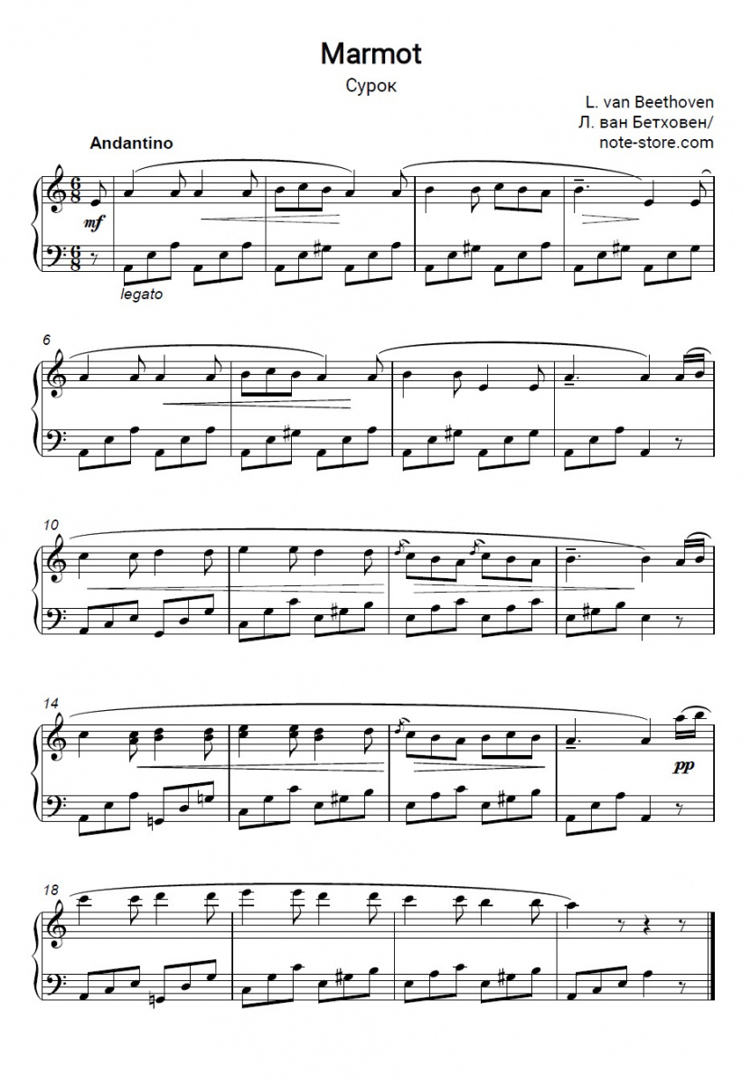 Noten Ludwig van Beethoven - La Marmotte - Klavier.Solo