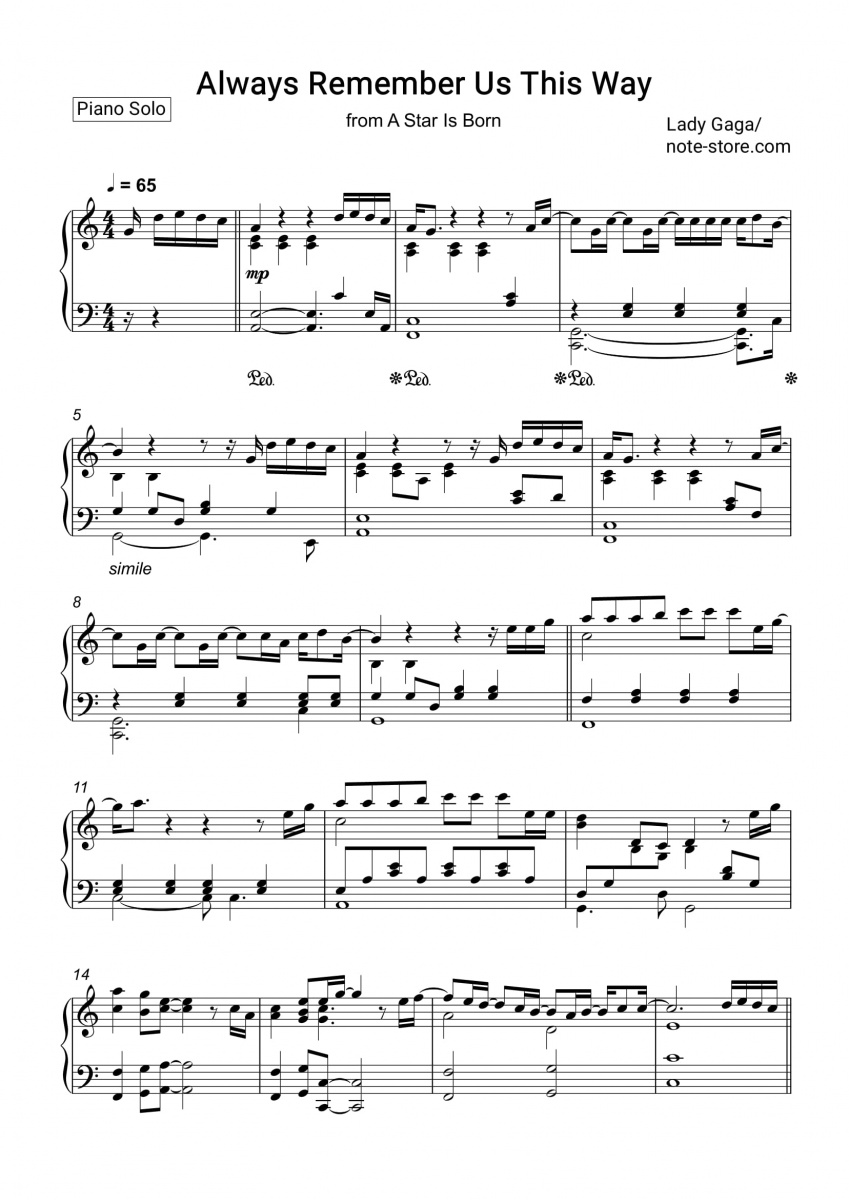 Always Remember Us This Way Lady Gaga Chords Lady Gaga - Always Remember Us This Way Noten für Piano downloaden für Anfänger Klavier.Solo SKU