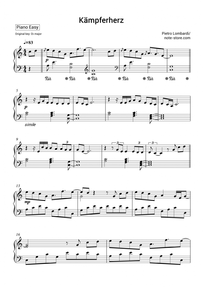 Pietro Lombardi - Kampferherz Noten für Piano